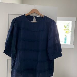 Grace Karin Navy Blue Lace Trim Blouse